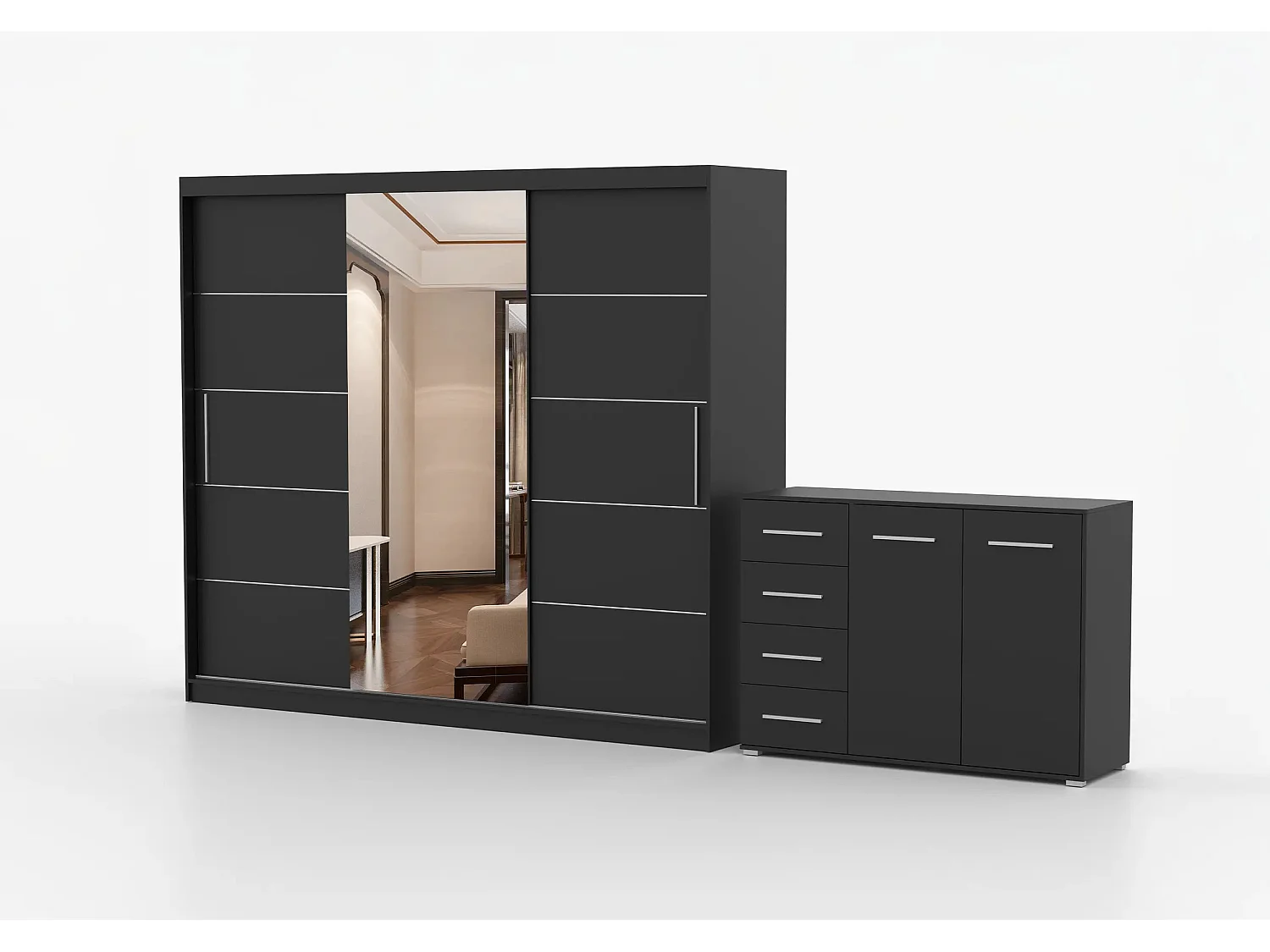 Ensemble armoire Theana et commode Ilario avec miroir - Noir