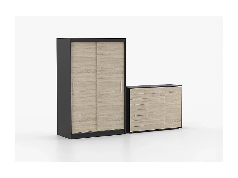 Ensemble armoire Yvae et commode Ilario - Noir - Chêne