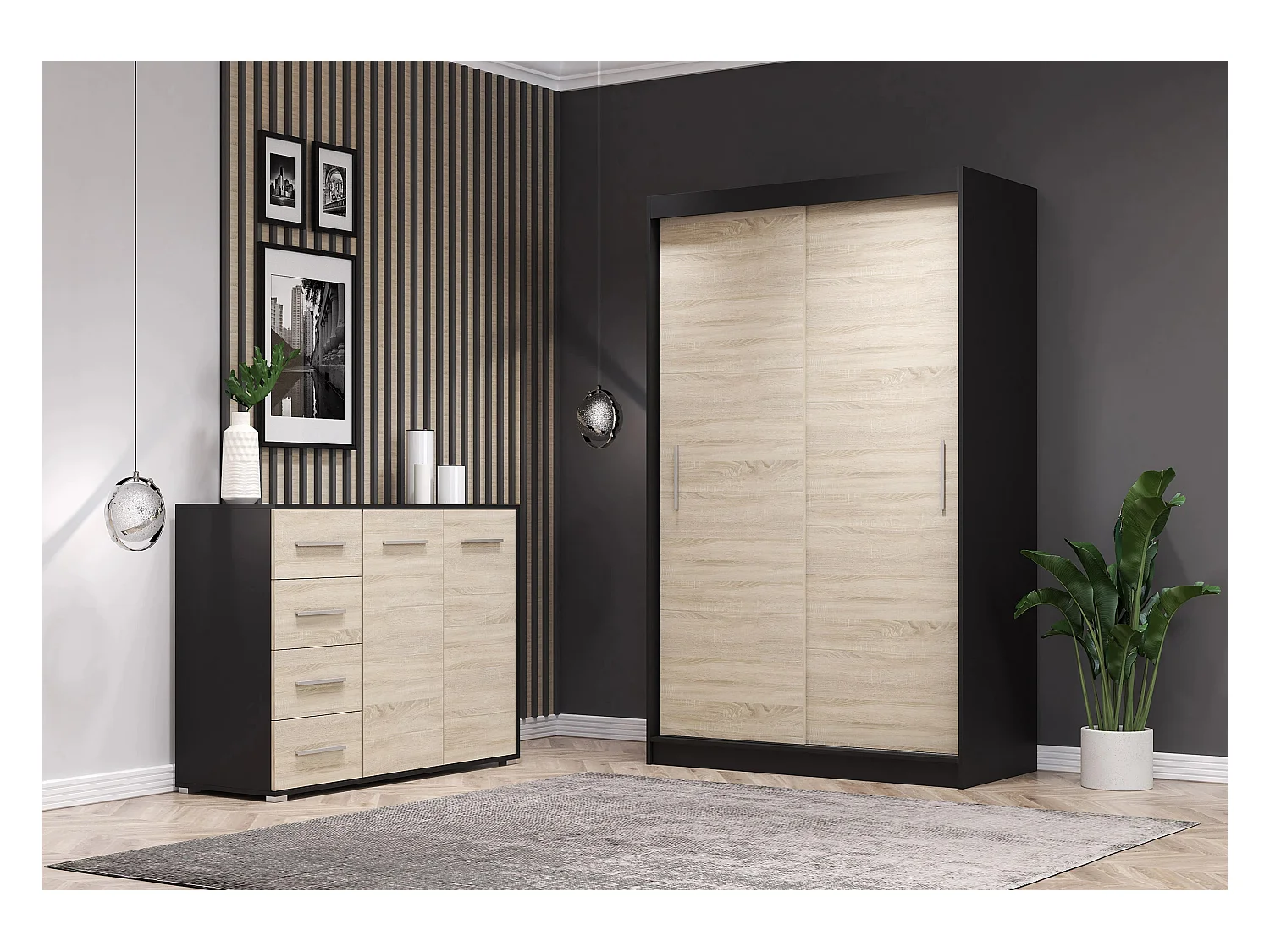 Ensemble armoire Yvae et commode Ilario - Noir - Chêne