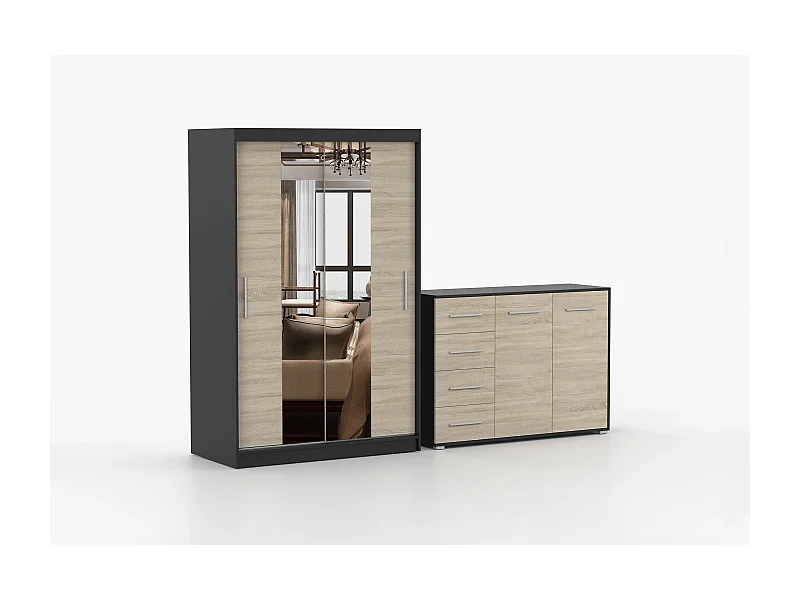 Ensemble armoire Danae et commode Ilario avec miroir - Noir - Chêne