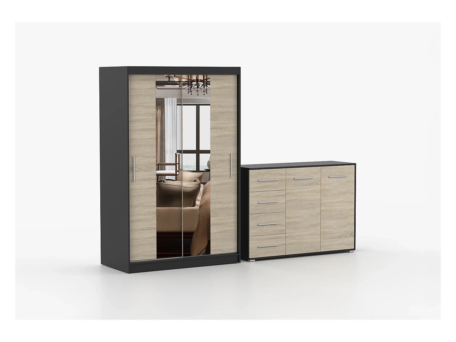 Ensemble armoire Danae et commode Ilario avec miroir - Noir - Chêne