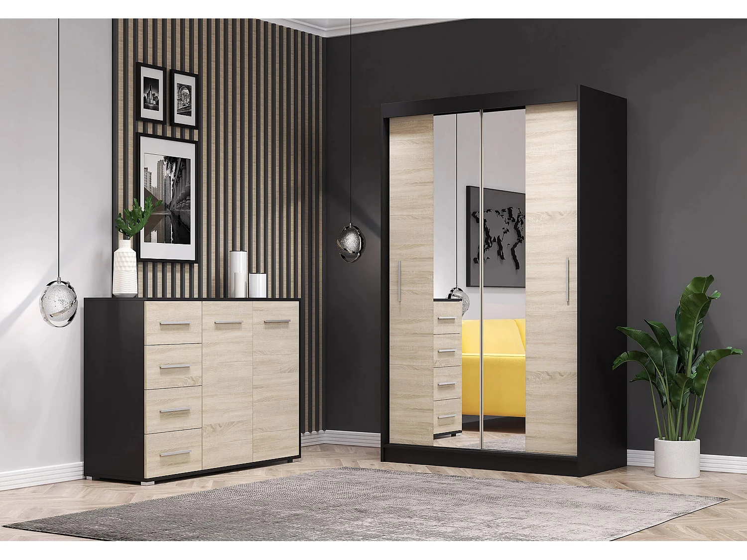 Ensemble armoire Danae et commode Ilario avec miroir - Noir - Chêne