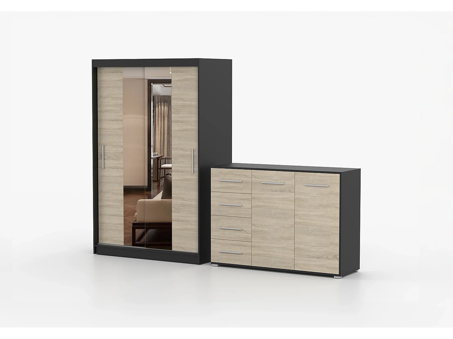 Ensemble armoire Danae et commode Ilario avec miroir - Noir - Chêne