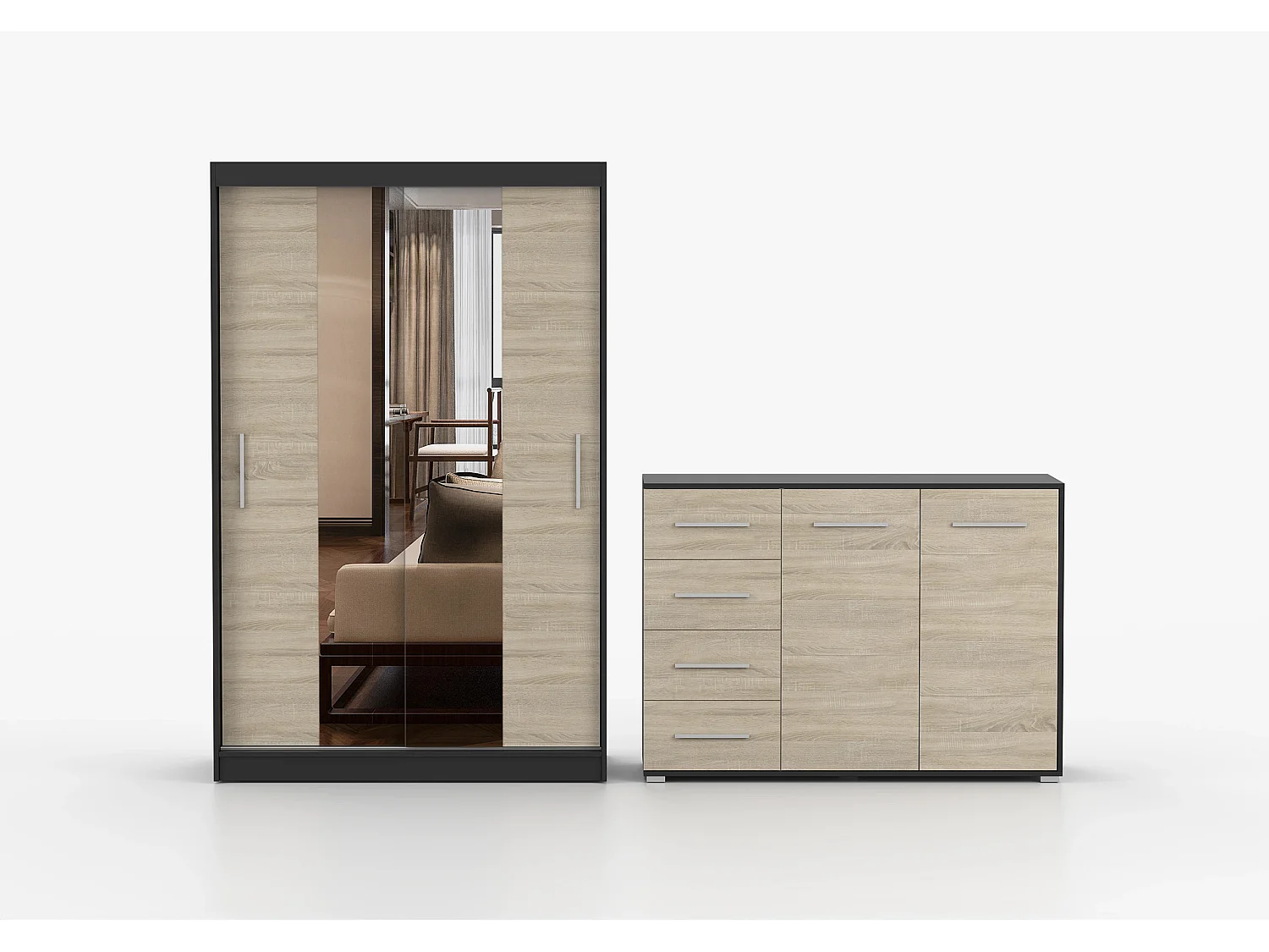 Ensemble armoire Danae et commode Ilario avec miroir - Noir - Chêne