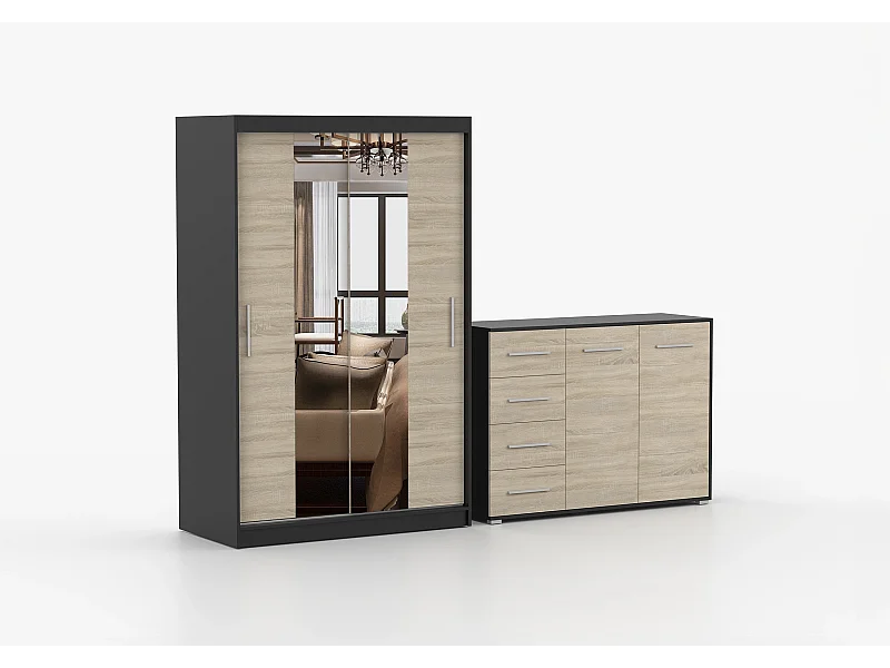 Ensemble armoire Danae et commode Ilario avec miroir - Noir - Chêne