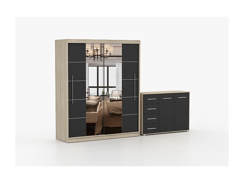 Ensemble armoire Orelia et commode Ilario avec miroir - Chêne - Noir