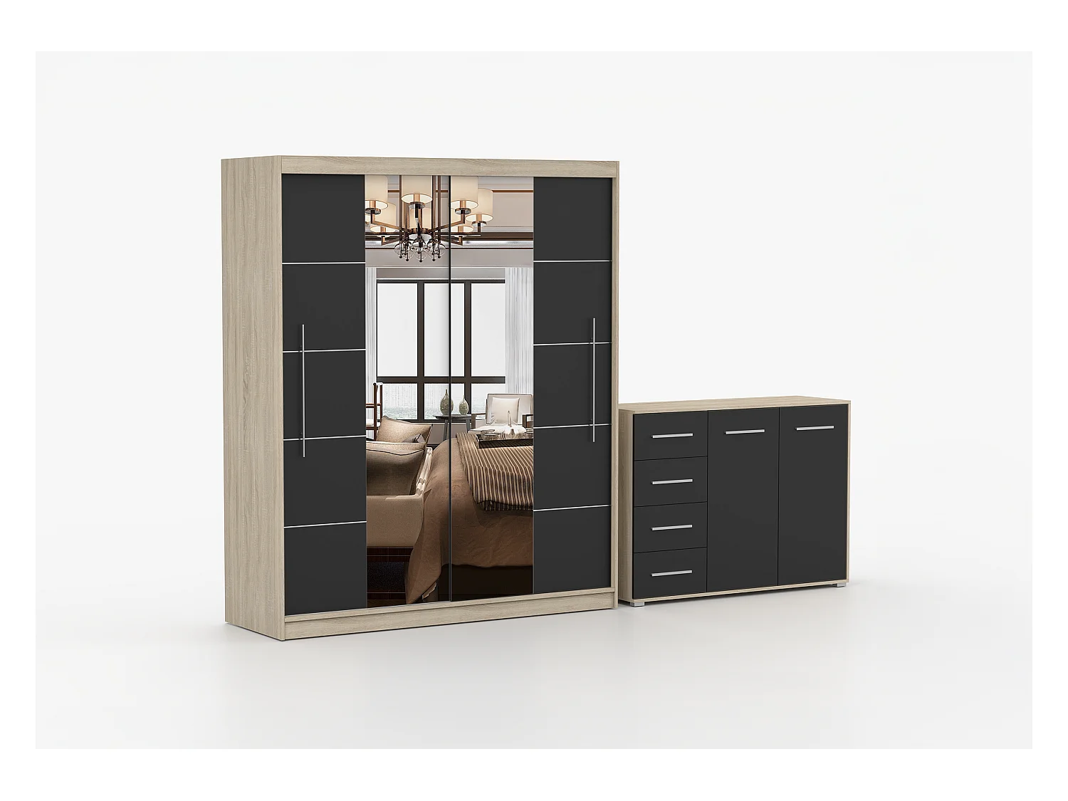 Ensemble armoire Orelia et commode Ilario avec miroir - Chêne - Noir