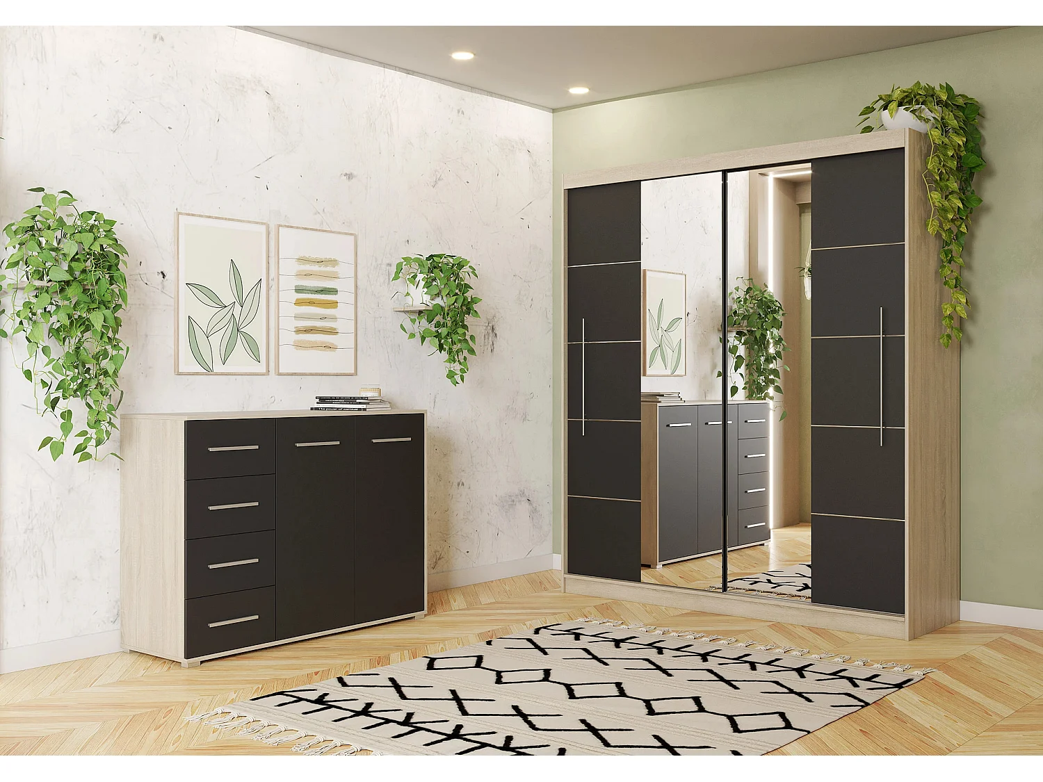 Ensemble armoire Orelia et commode Ilario avec miroir - Chêne - Noir