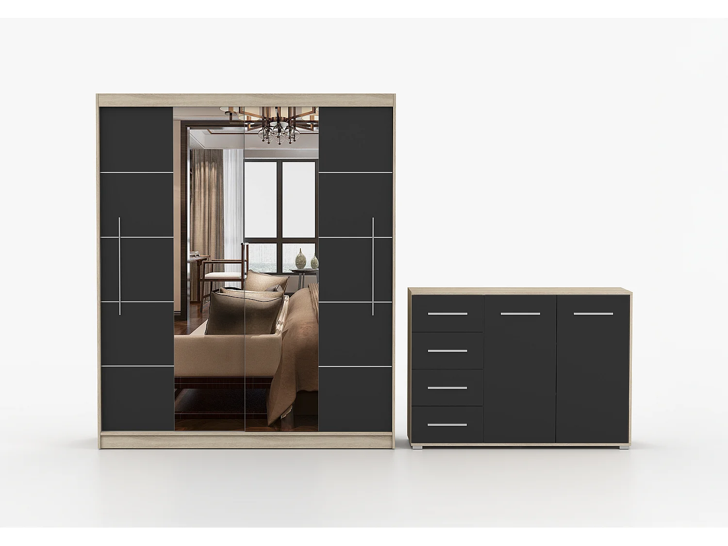 Ensemble armoire Orelia et commode Ilario avec miroir - Chêne - Noir