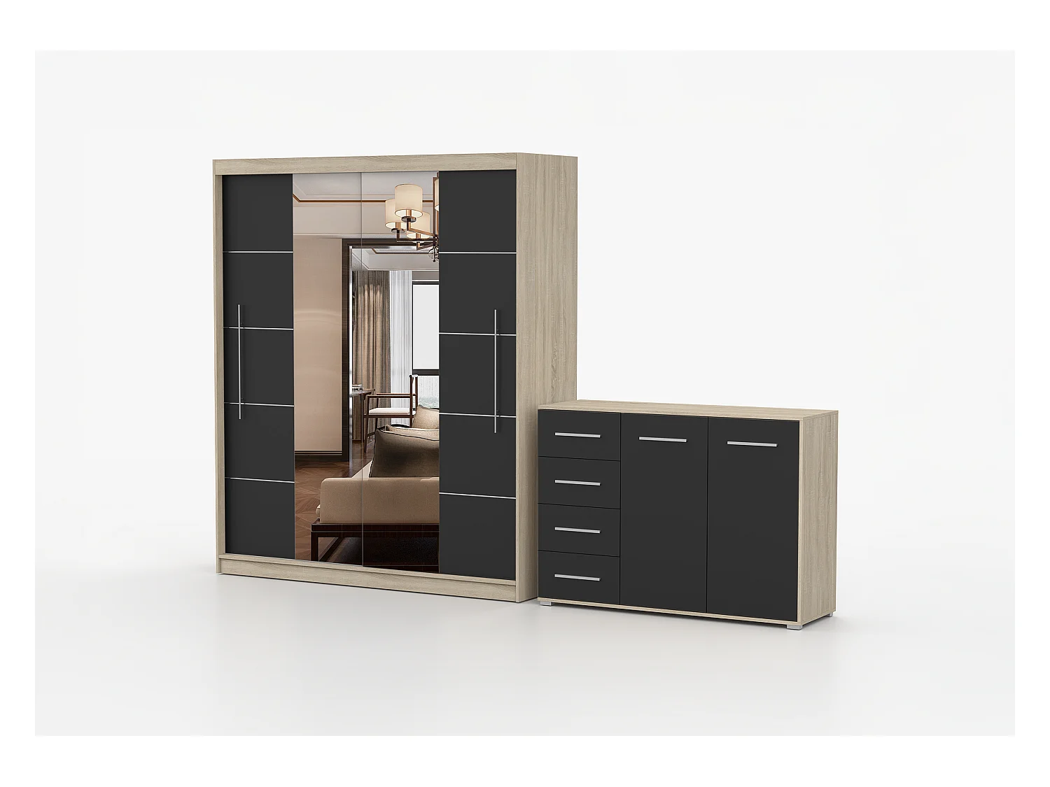 Ensemble armoire Orelia et commode Ilario avec miroir - Chêne - Noir