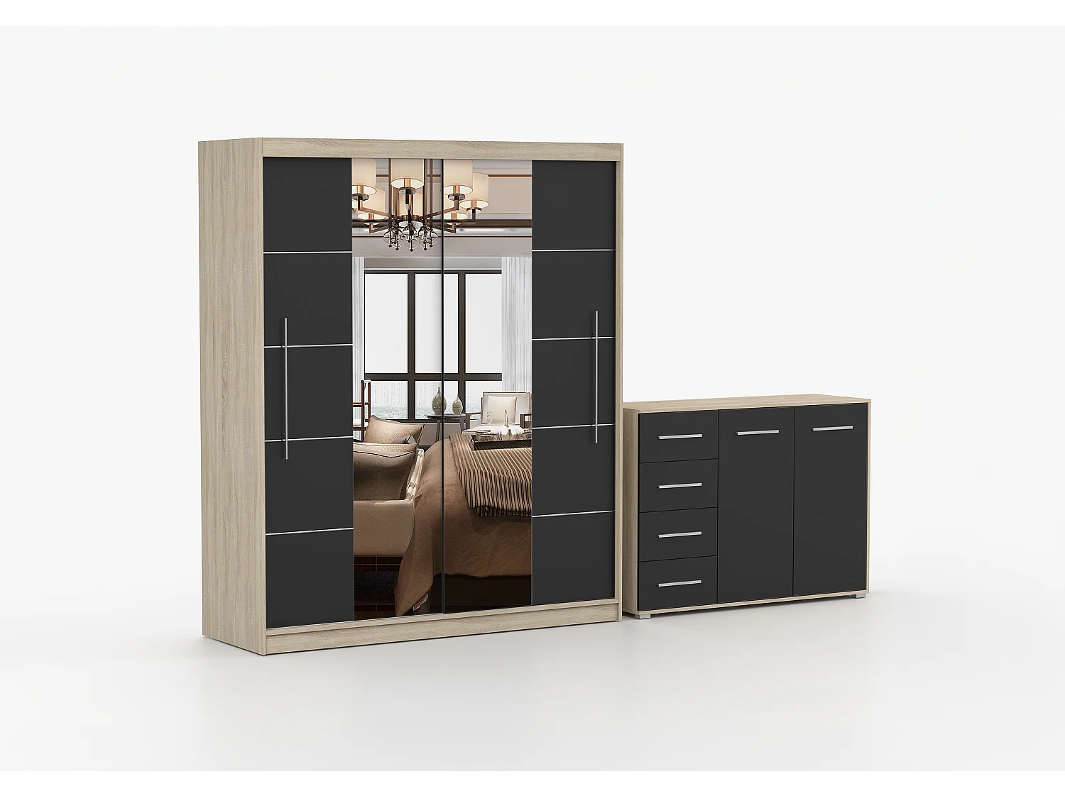 Ensemble armoire Orelia et commode Ilario avec miroir - Chêne - Noir