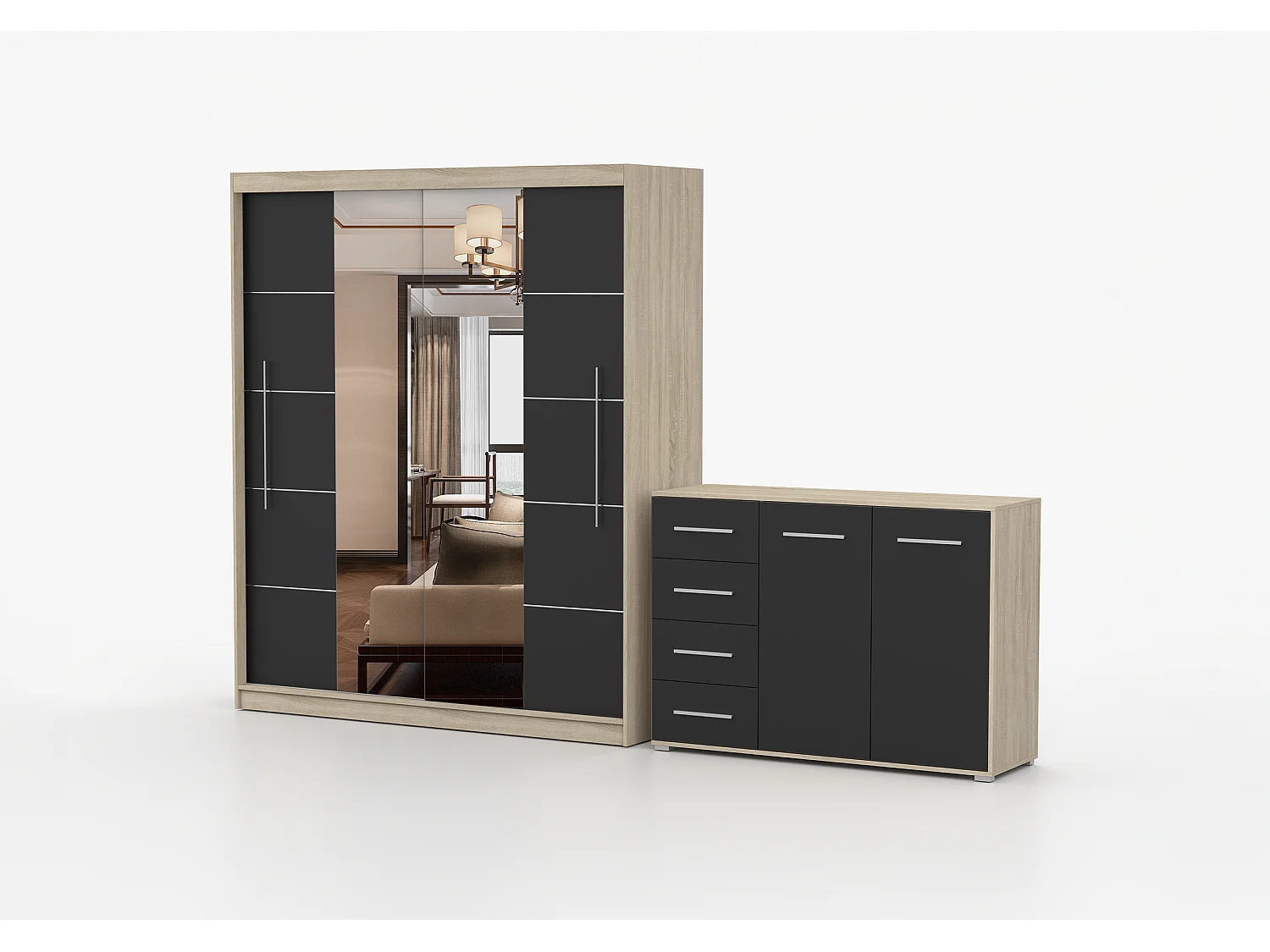 Ensemble armoire Orelia et commode Ilario avec miroir - Chêne - Noir