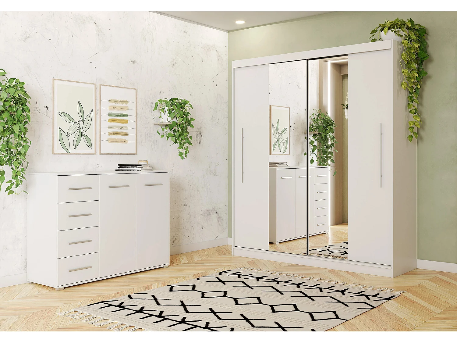 Ensemble armoire Eireen et commode Ilario avec miroir - Blanc