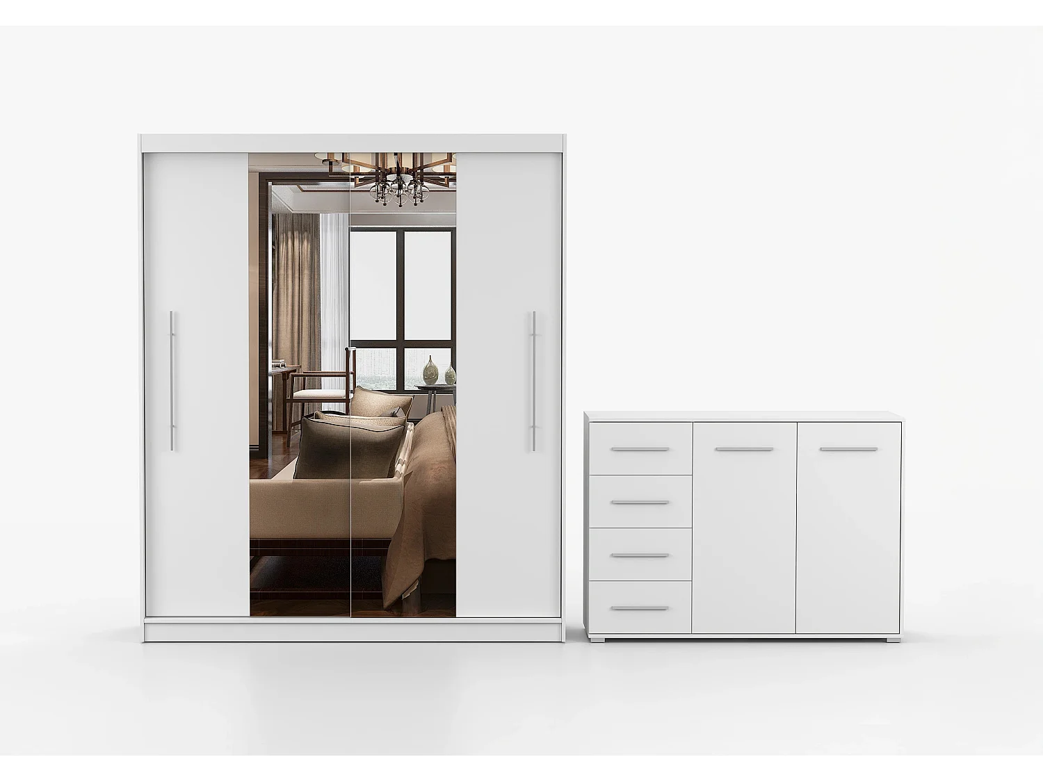 Ensemble armoire Eireen et commode Ilario avec miroir - Blanc