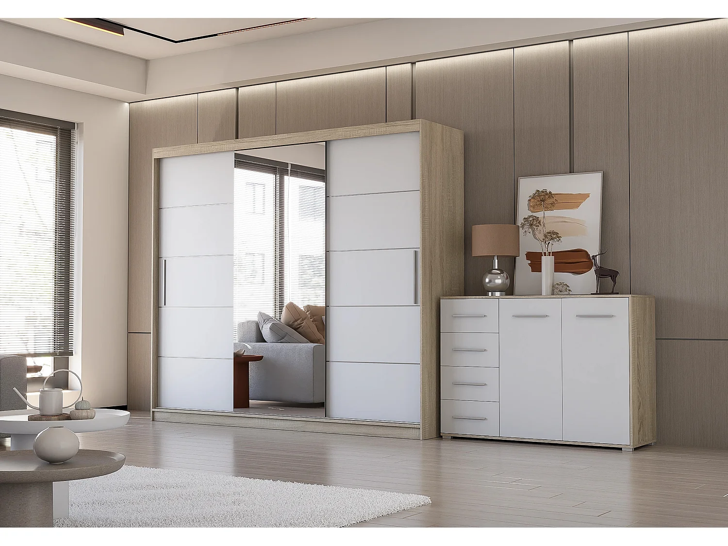 Ensemble armoire Theana et commode Ilario avec miroir - Chêne - Blanc