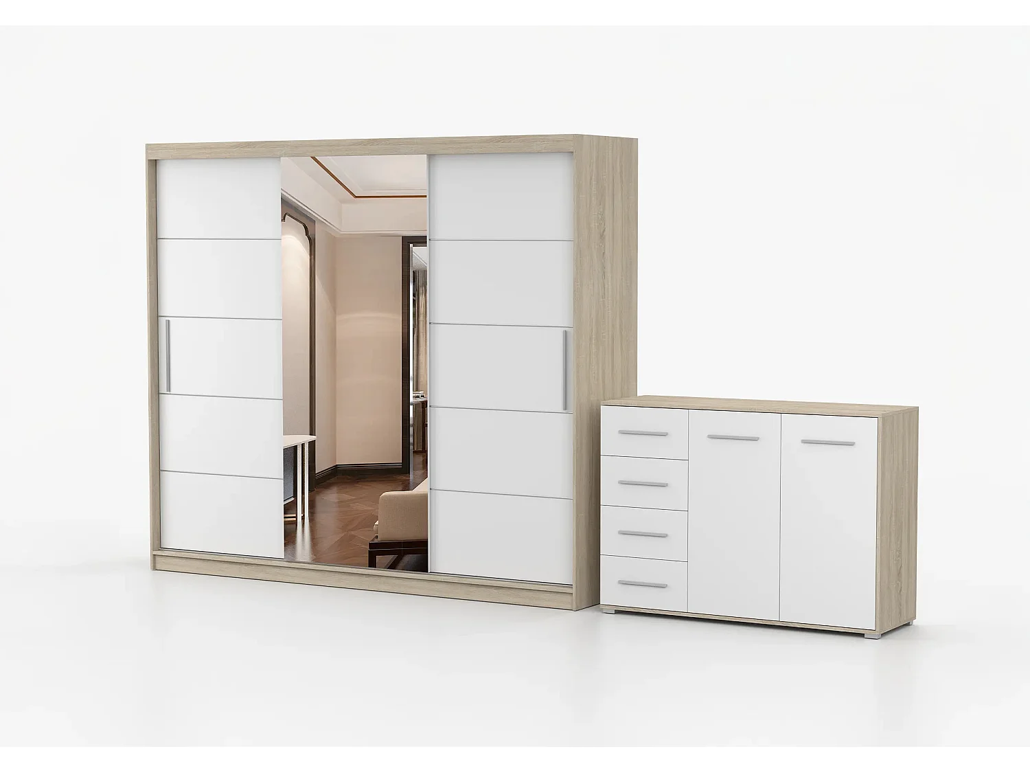 Ensemble armoire Theana et commode Ilario avec miroir - Chêne - Blanc