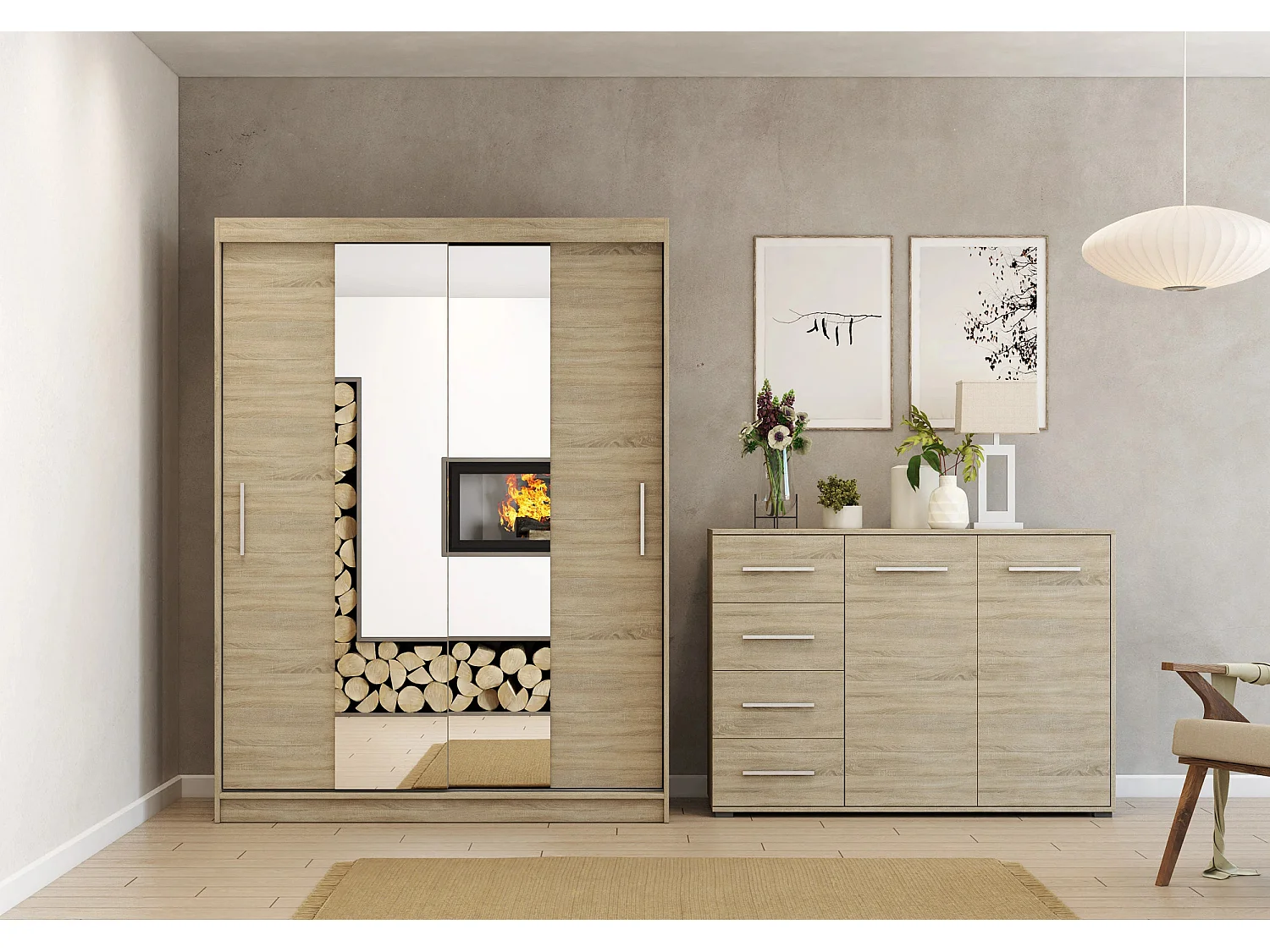 Ensemble armoire Aenora et commode Ilario - Chêne