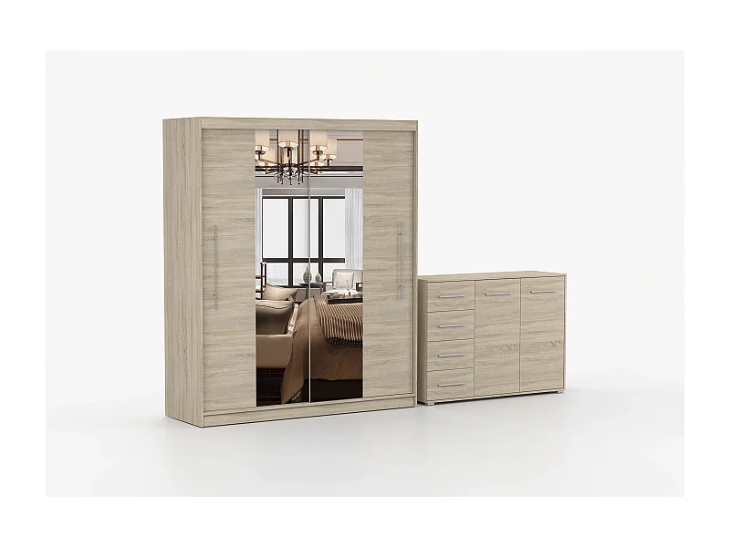 Ensemble armoire Eireen et commode Ilario avec miroir - Chêne