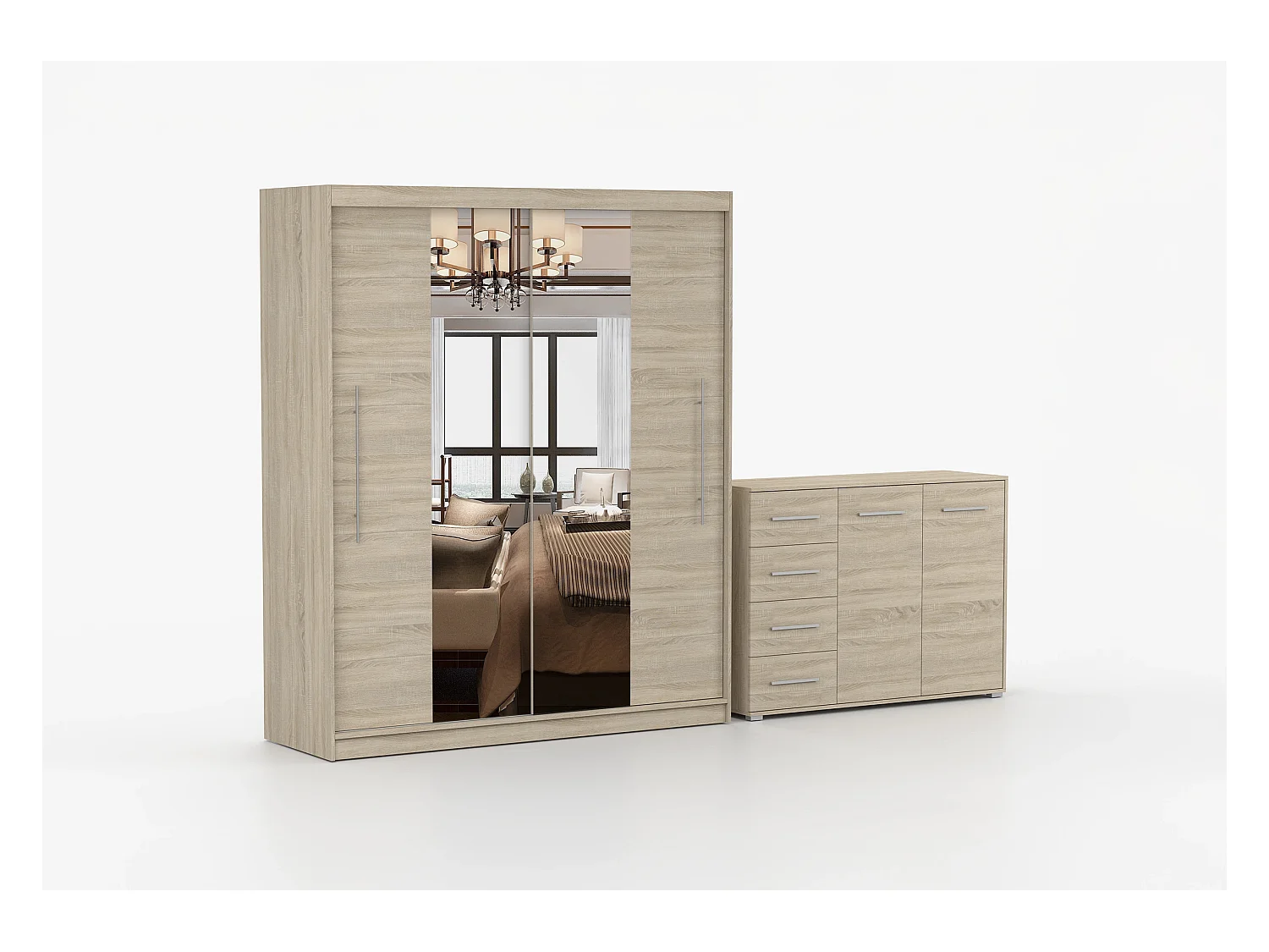 Ensemble armoire Eireen et commode Ilario avec miroir - Chêne