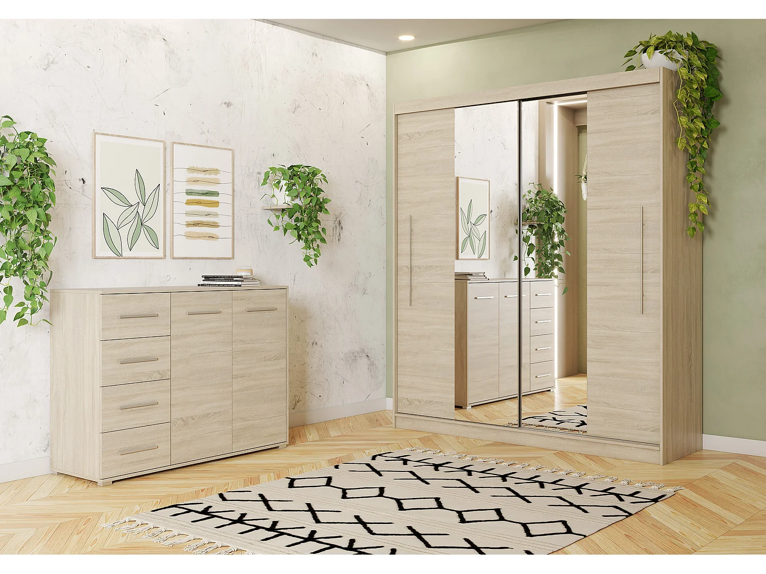 Ensemble armoire Eireen et commode Ilario avec miroir - Chêne