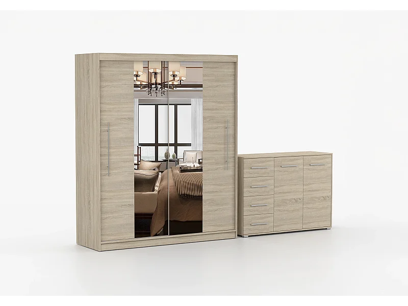 Ensemble armoire Eireen et commode Ilario avec miroir - Chêne