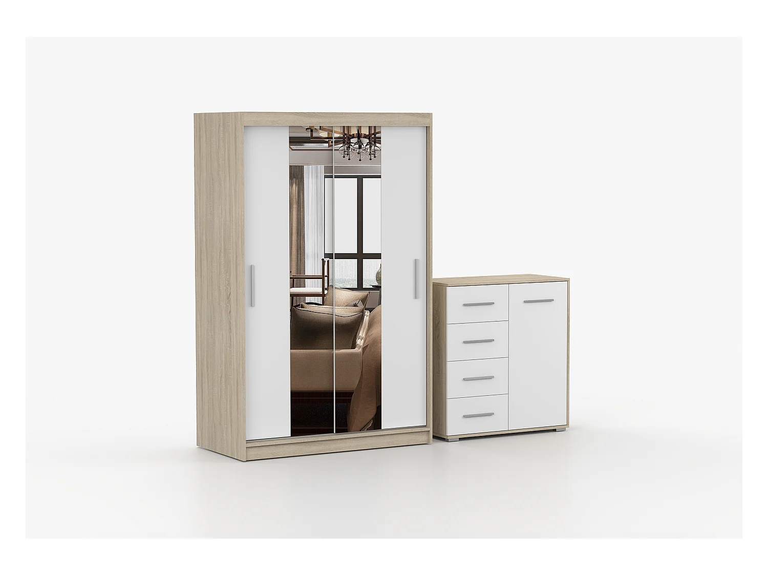 Ensemble armoire Danae et commode Ilario - Chêne - Blanc