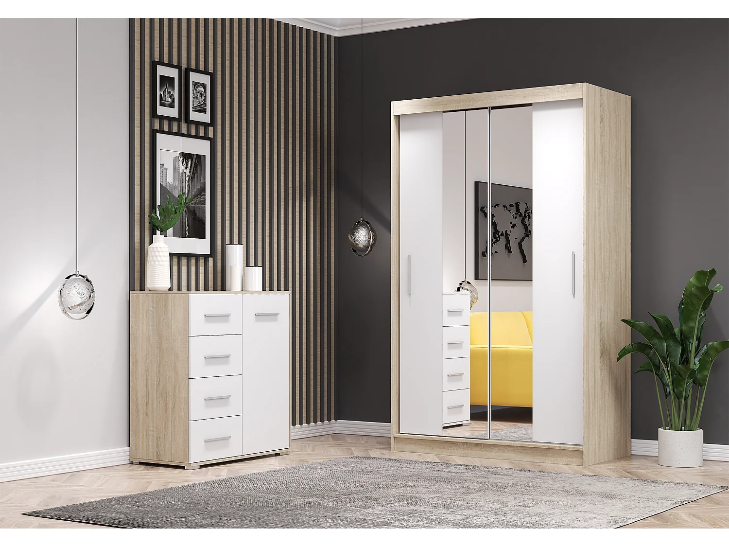 Ensemble armoire Danae et commode Ilario - Chêne - Blanc