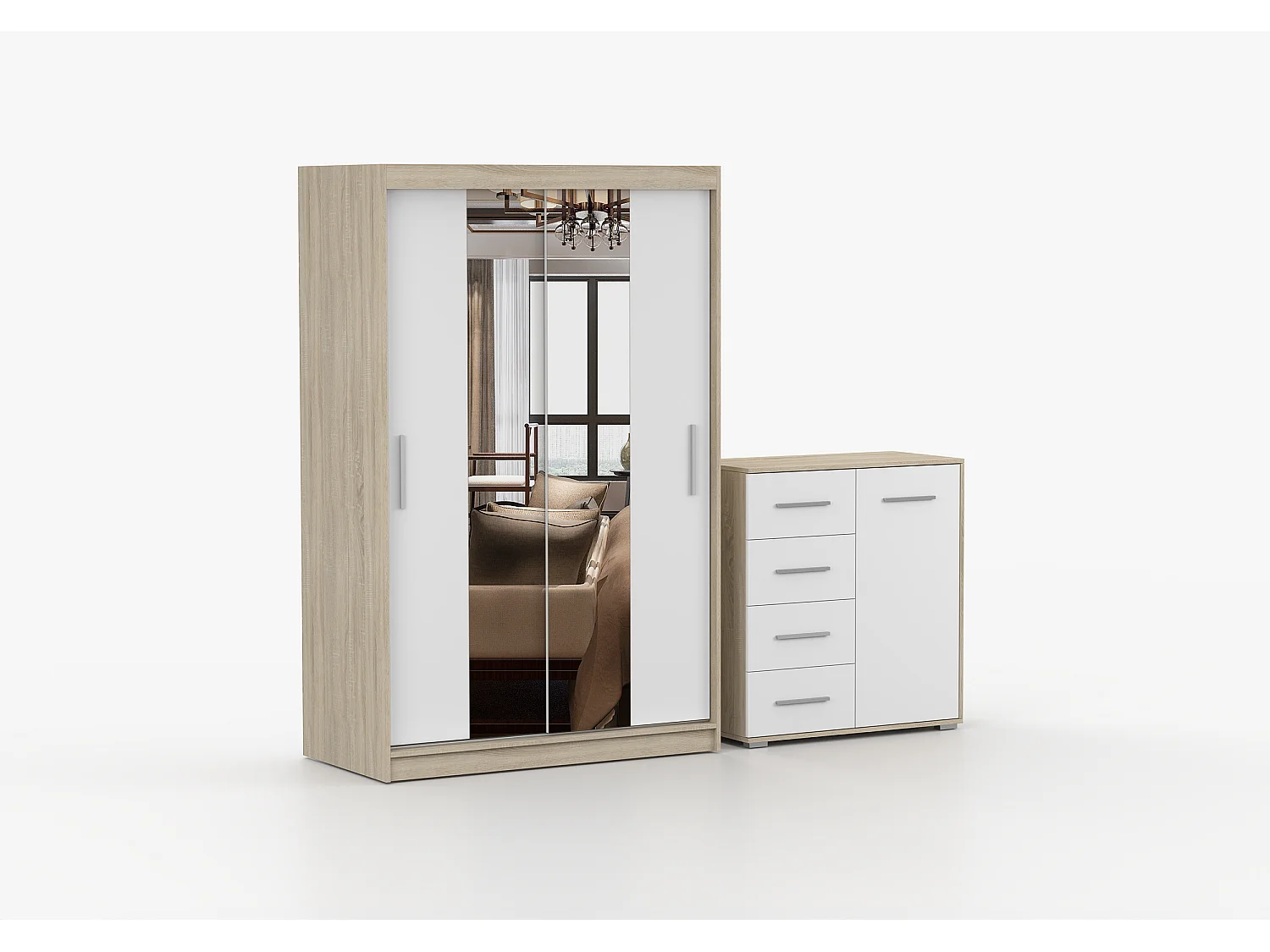 Ensemble armoire Danae et commode Ilario - Chêne - Blanc