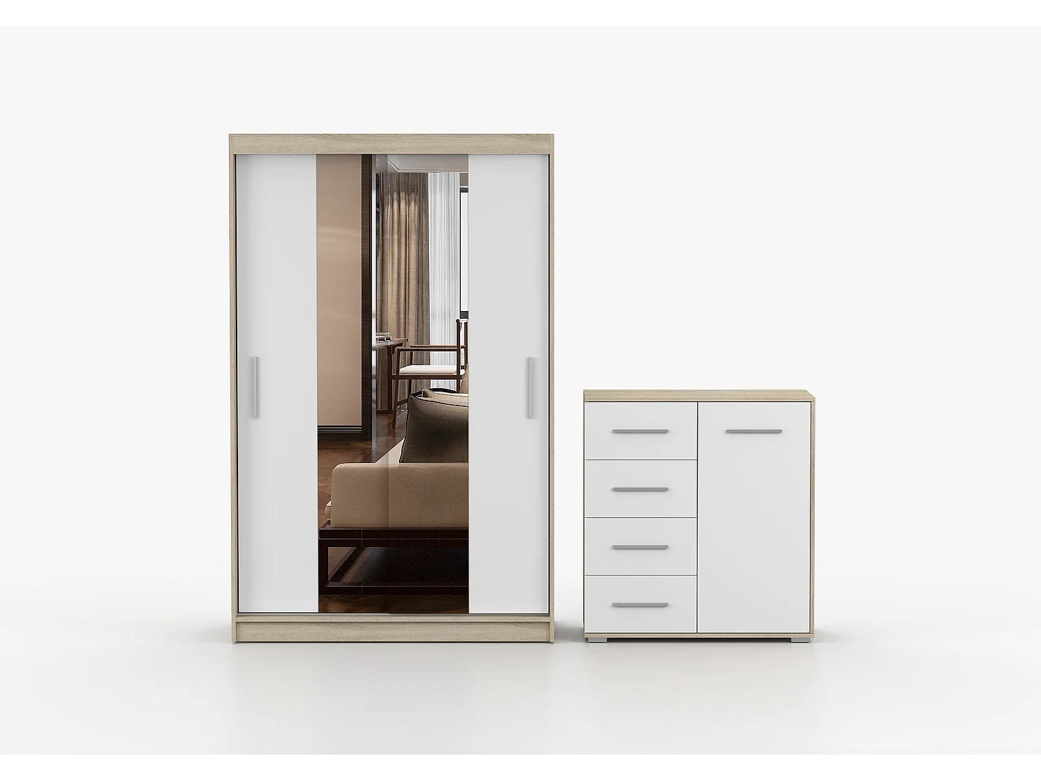 Ensemble armoire Danae et commode Ilario - Chêne - Blanc