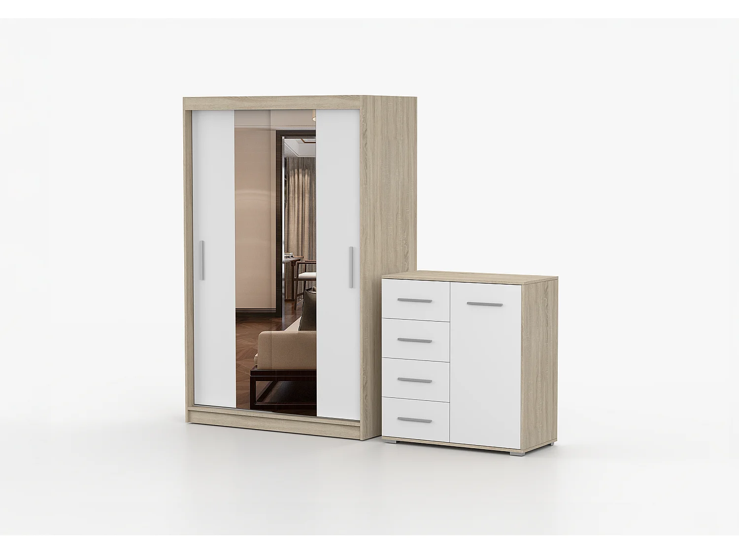 Ensemble armoire Danae et commode Ilario - Chêne - Blanc