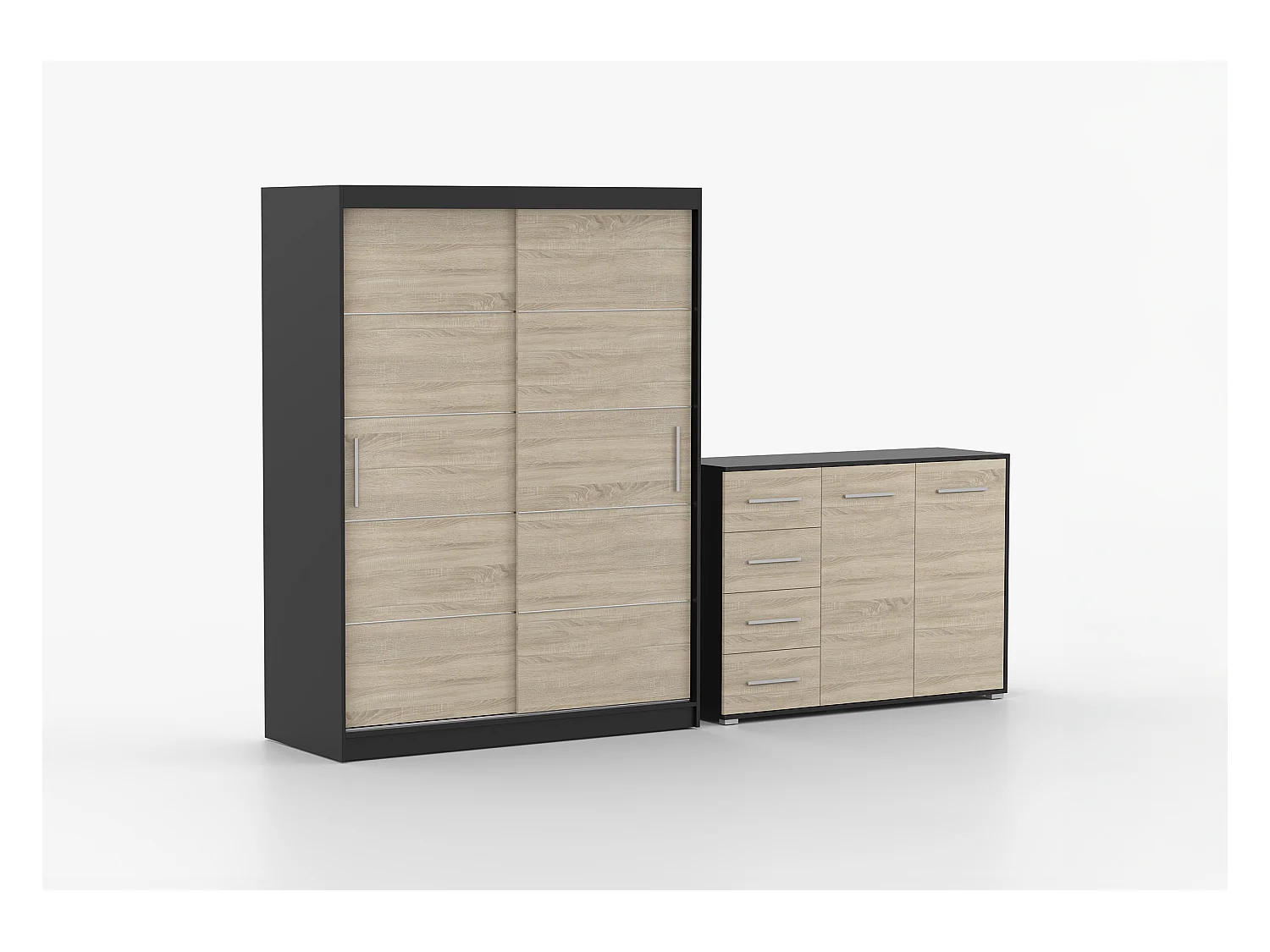 Ensemble armoire Aliona et commode Ilario - Noir - Chêne