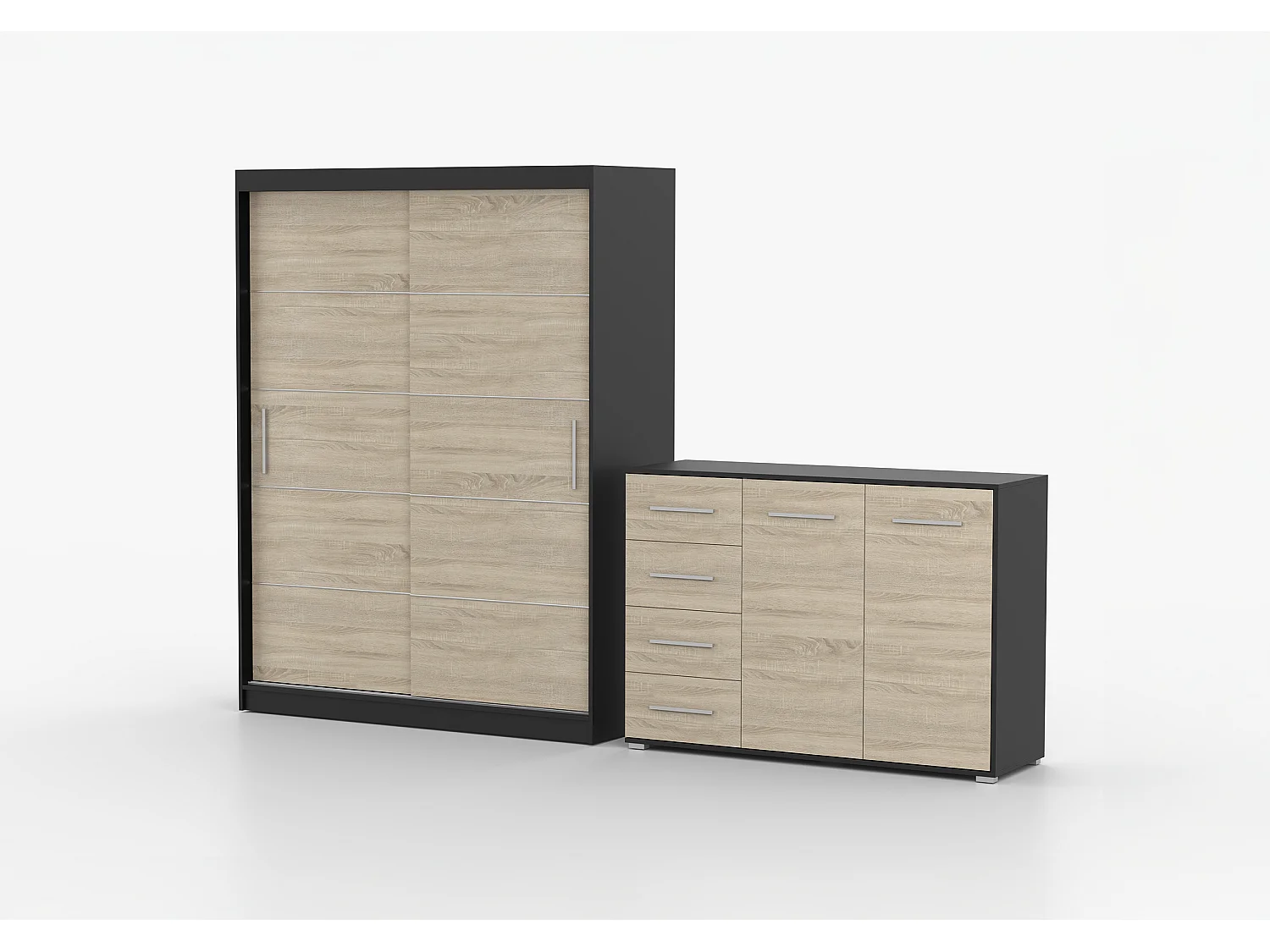 Ensemble armoire Aliona et commode Ilario - Noir - Chêne