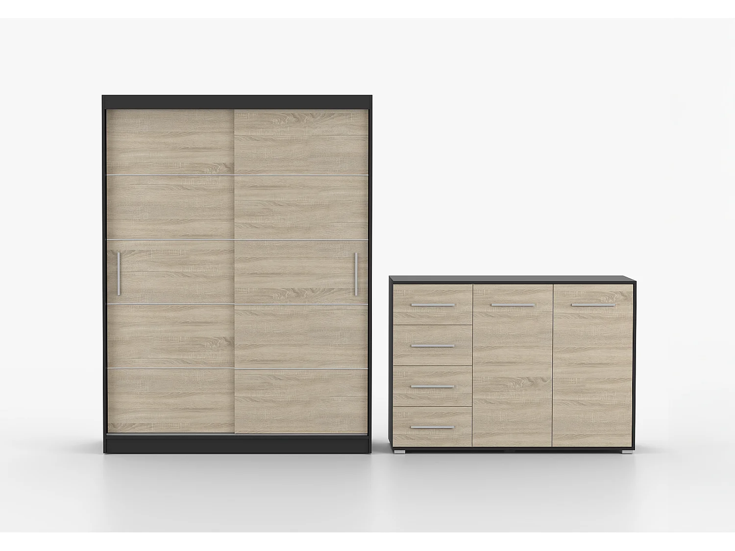 Ensemble armoire Aliona et commode Ilario - Noir - Chêne