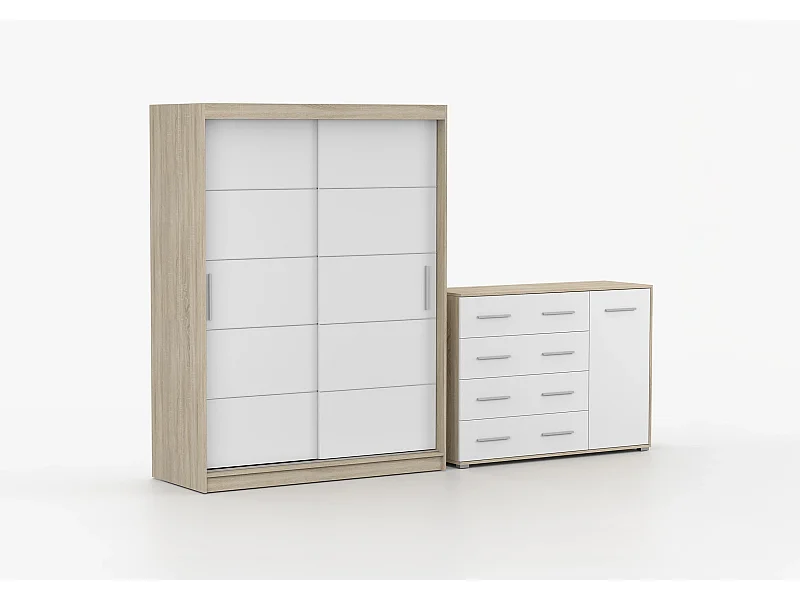 Ensemble armoire Aliona et commode Ilario - Chêne - Blanc