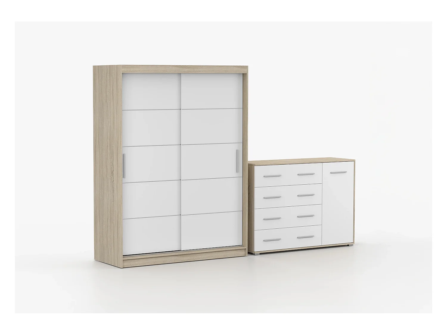Ensemble armoire Aliona et commode Ilario - Chêne - Blanc