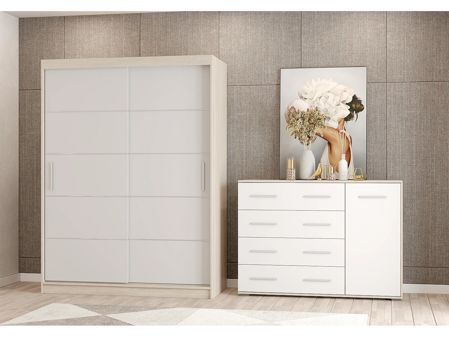 Ensemble armoire Aliona et commode Ilario - Chêne - Blanc