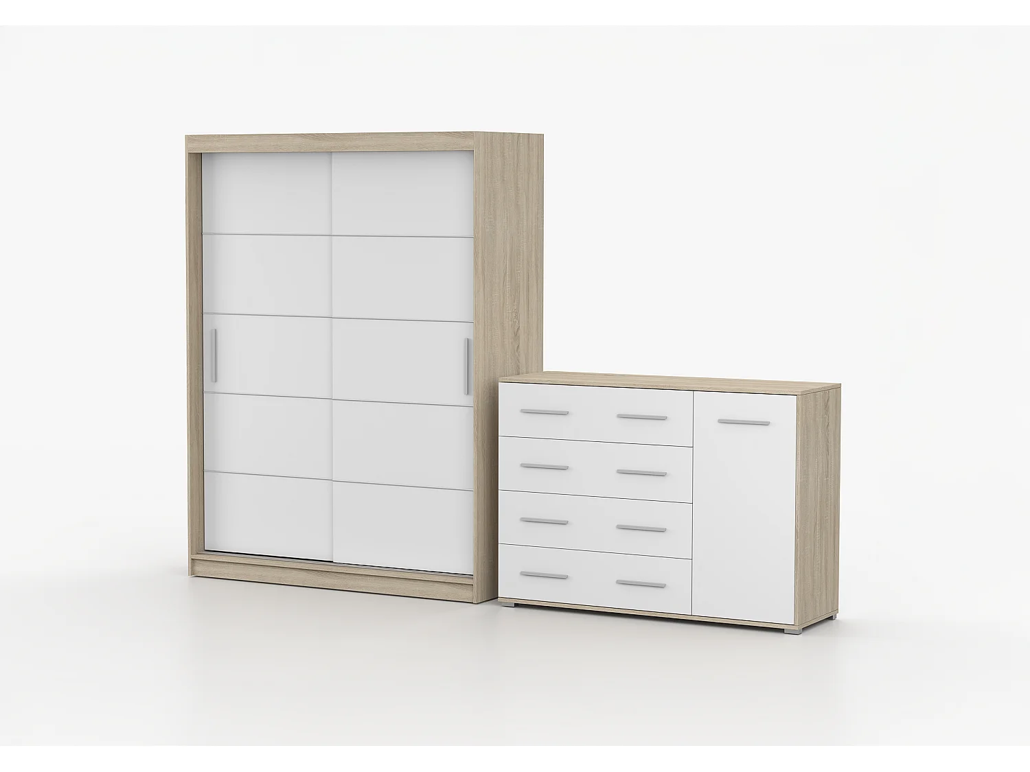 Ensemble armoire Aliona et commode Ilario - Chêne - Blanc