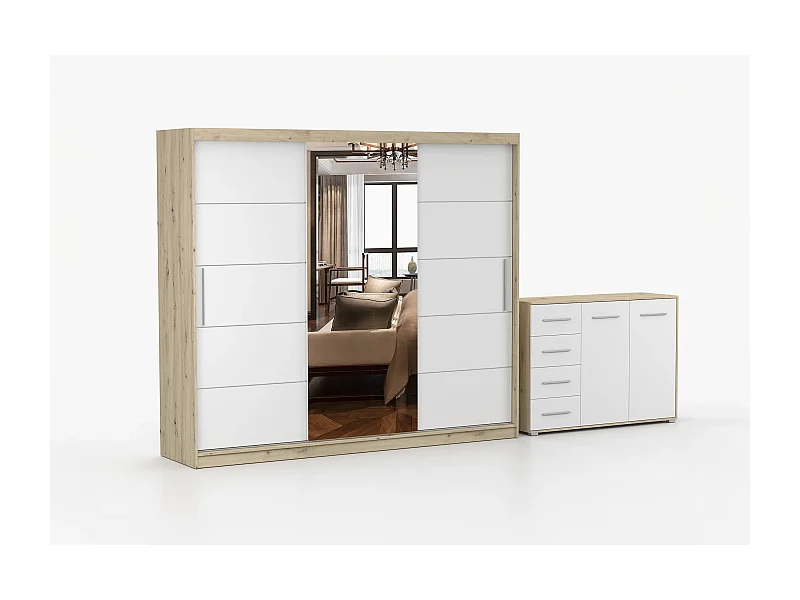 Ensemble armoire Theana et commode Ilario avec miroir - Artisan - Blanc