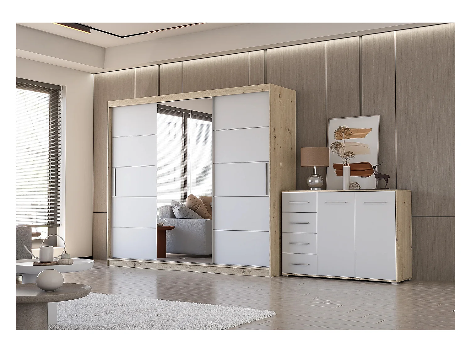 Ensemble armoire Theana et commode Ilario avec miroir - Artisan - Blanc