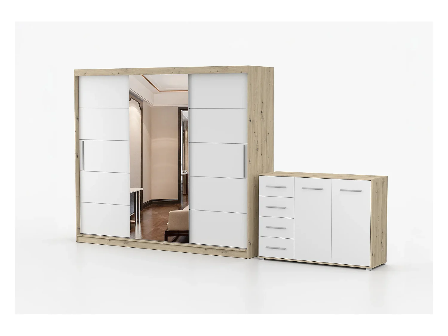 Ensemble armoire Theana et commode Ilario avec miroir - Artisan - Blanc