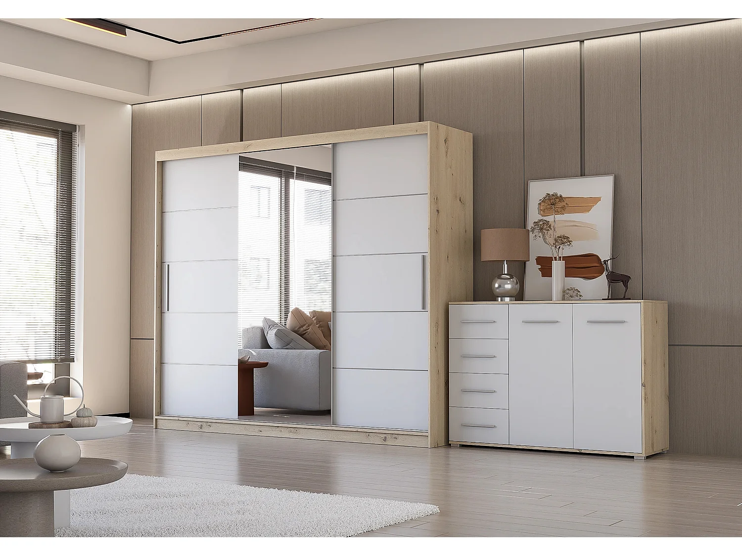 Ensemble armoire Theana et commode Ilario avec miroir - Artisan - Blanc