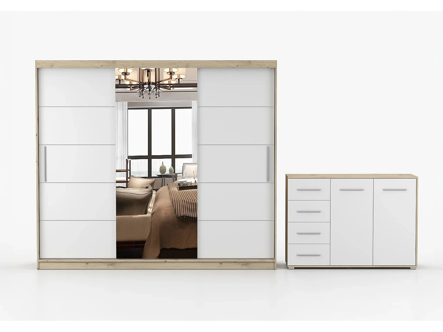 Ensemble armoire Theana et commode Ilario avec miroir - Artisan - Blanc