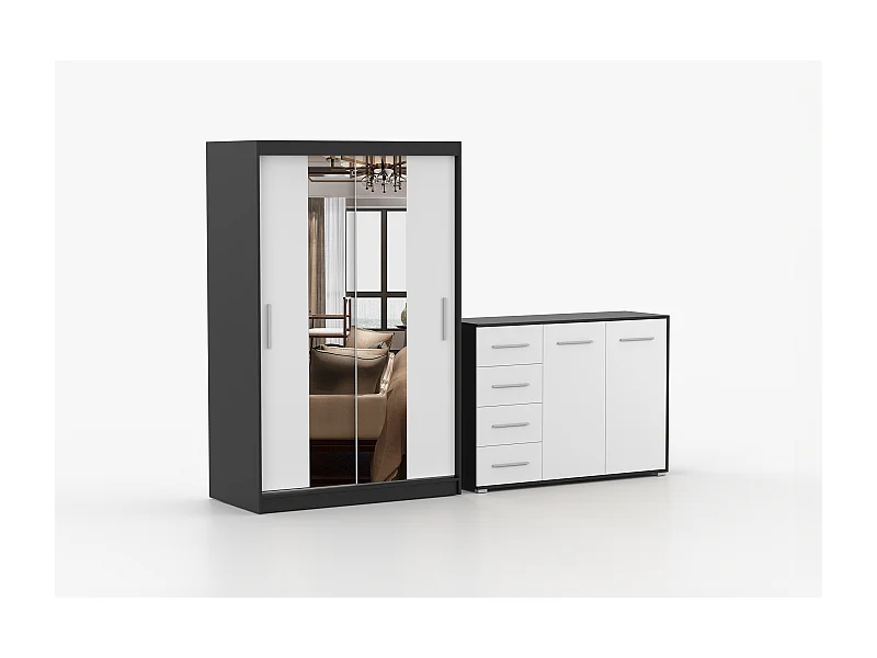 Ensemble armoire Danae et commode Ilario avec miroir - Noir - Blanc