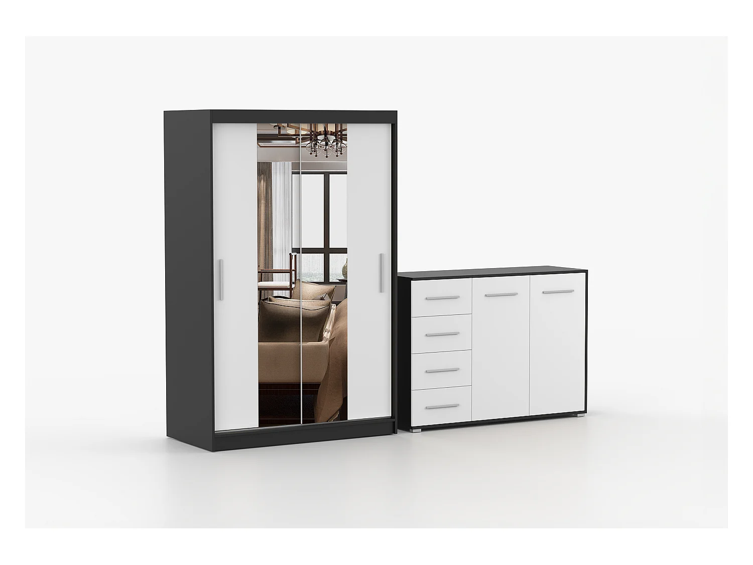 Ensemble armoire Danae et commode Ilario avec miroir - Noir - Blanc