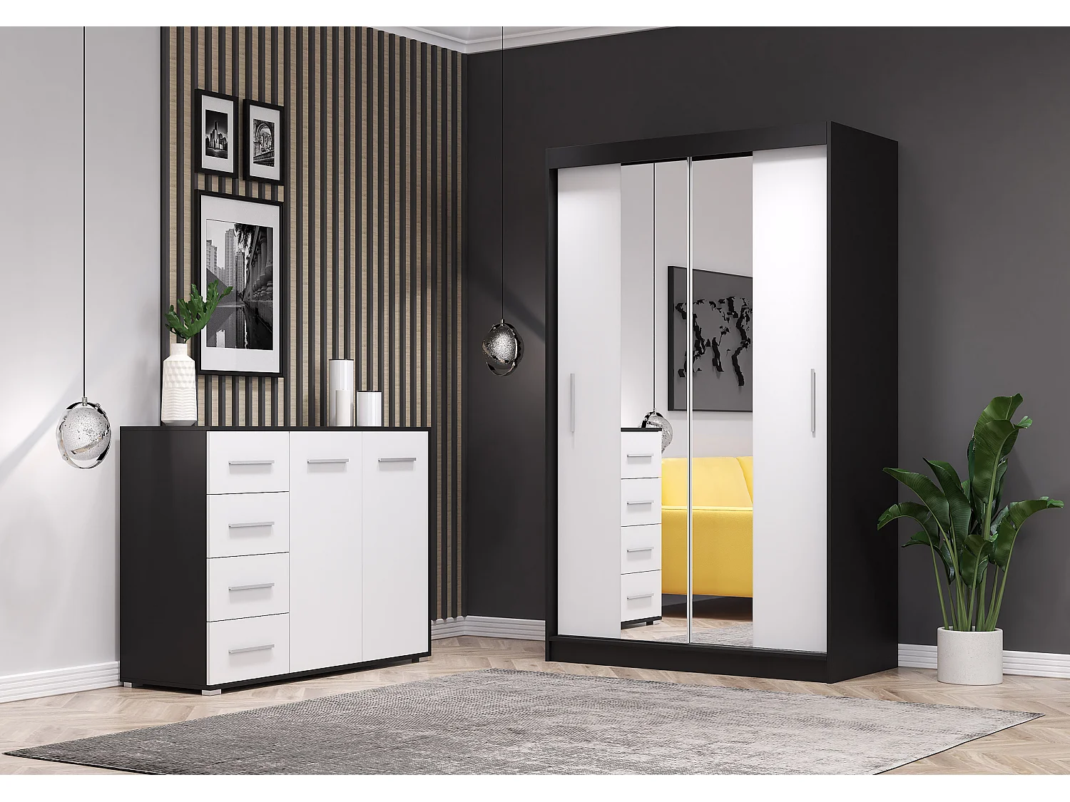 Ensemble armoire Danae et commode Ilario avec miroir - Noir - Blanc