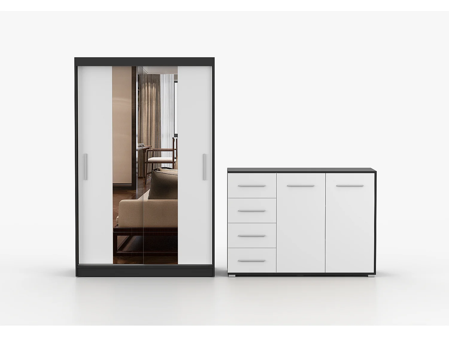 Ensemble armoire Danae et commode Ilario avec miroir - Noir - Blanc