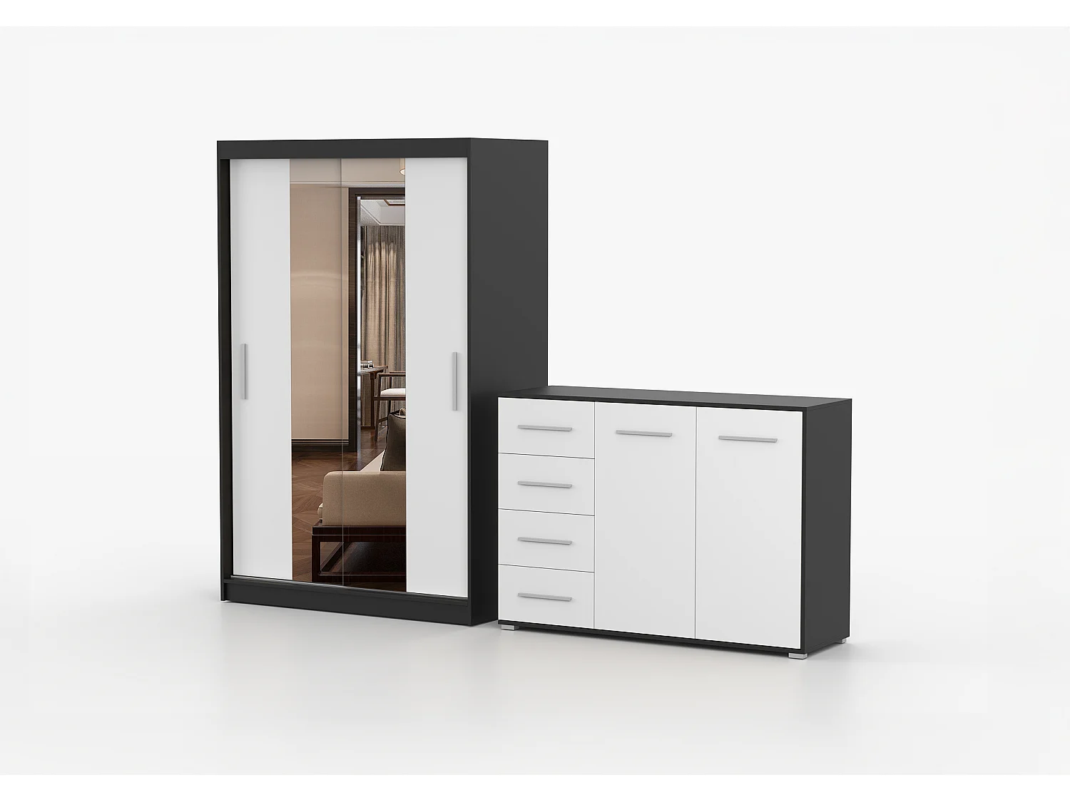 Ensemble armoire Danae et commode Ilario avec miroir - Noir - Blanc