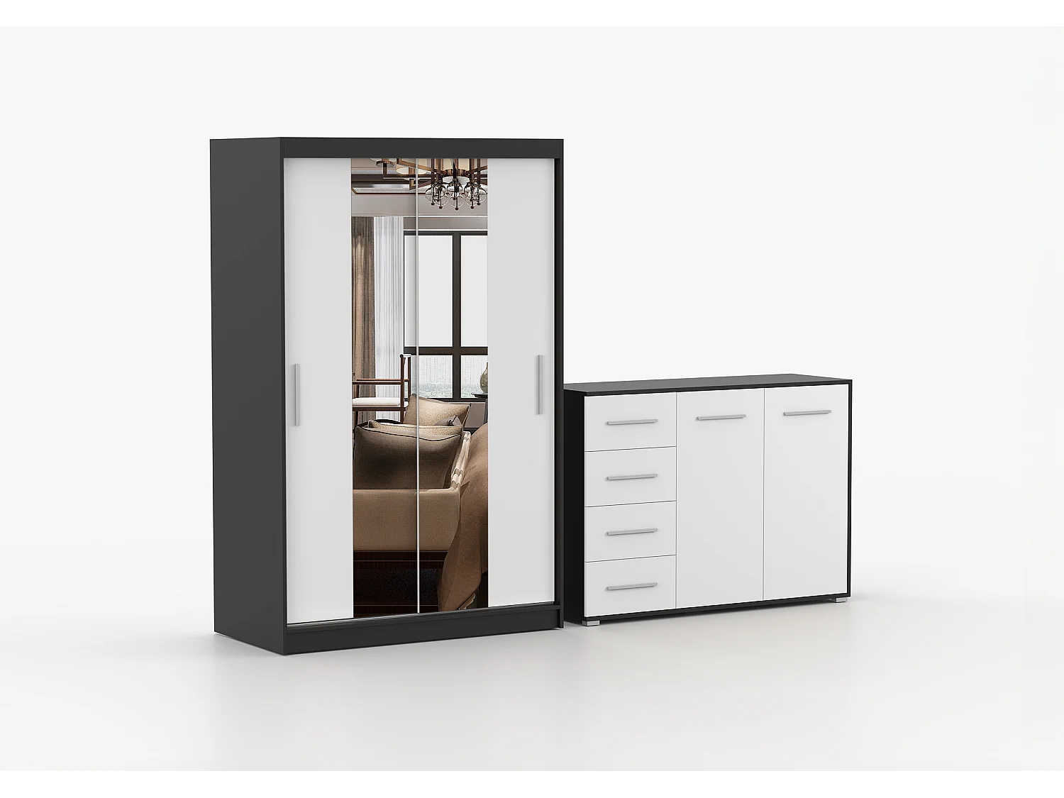 Ensemble armoire Danae et commode Ilario avec miroir - Noir - Blanc