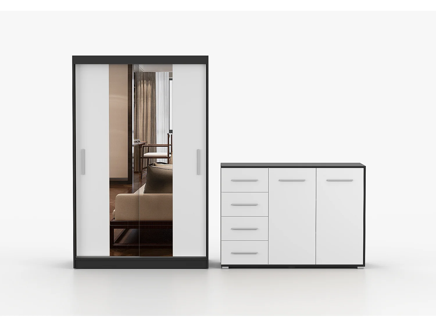 Ensemble armoire Danae et commode Ilario avec miroir - Noir - Blanc