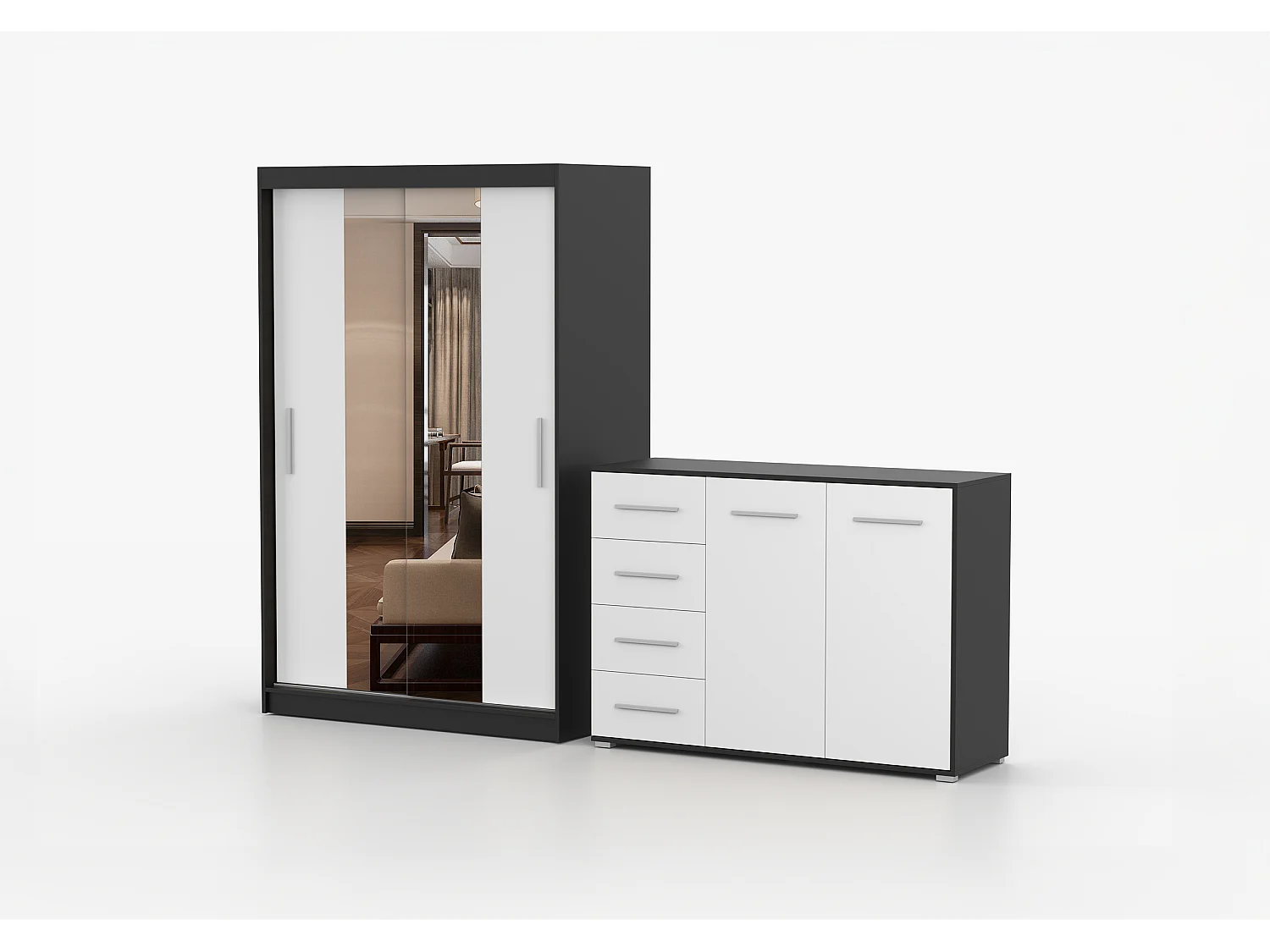 Ensemble armoire Danae et commode Ilario avec miroir - Noir - Blanc